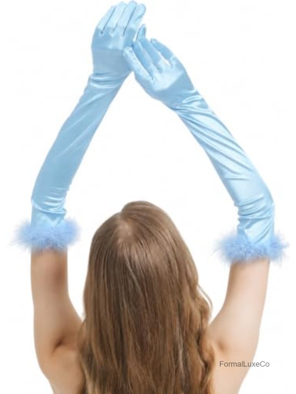 Satin Long Opera Gloves with Feather Trim 21 Inch Full Finger Costume